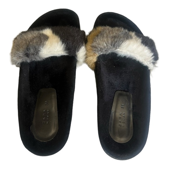 Zara Women's Faux Fur Slides Size 38 US 7-7.5 Brown/Gray/Black EUC - Picture 7 of 9